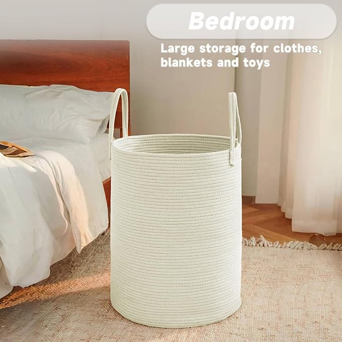 Large Woven Laundry Basket Hamper,60L Cotton Rope Storage Bin for Blankets,Toys and Clothes,Decorative Tall Nursery Hamper for Living Room,Baby Nursery,Bathroom and Bedroom,White