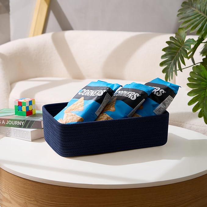 Large Shallow Organizing Baskets 15x11x5.1 Inches - Rope Woven Storage Bins for Bathroom, Shelves, Cube Closet, Navy Blue 2 Packs