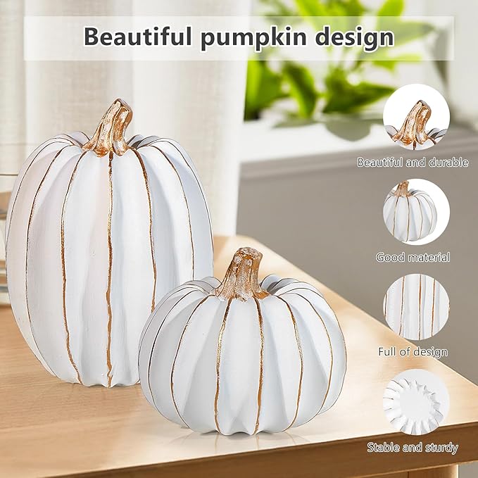 2Pcs Halloween Pumpkin Artificial Resin Pumpkins Decor for Mantel Harvest Autumn Tabletop Decoration Gold Fall Pumpkin Decorations Thanksgiving Table Centerpieces (Set C, ONE Size)