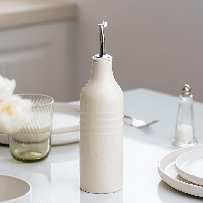 famiware Jupiter 16oz Ceramic Olive Oil Dispenser Bottle, 1 Piece Oil Dispenser for Kitchen with Stainless Steel Pourers, Suitable for Storage Vinegar, Soy Sauce, Coffee Syrup, Vanilla White