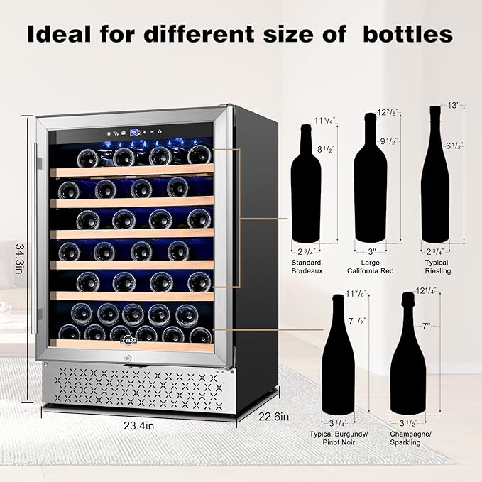 Tylza 24 Inch Wine Cooler Refrigerator, 51 Bottle Built-in or Freestanding, 24'' Fridge with Stainless Steel & Double Layer Tempered Glass Door and Temperature Memory Function