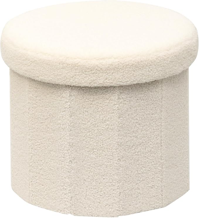 B FSOBEIIALEO Storage Ottoman Cube, Round Ottomans with Storage Foot Stool Footrest for Lving Room, Boucle Ottoman Seat for Dorm Room,Faux Teddy Fur, Cream White 15"x15"x15"