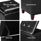 Adeco Storage Ottoman Foot Rest Stool, Leather Ottoman Footstool with Wood Legs and Hinged Lid, 18" Small Foot Stool Bench for Living Room, Bedroom, Black