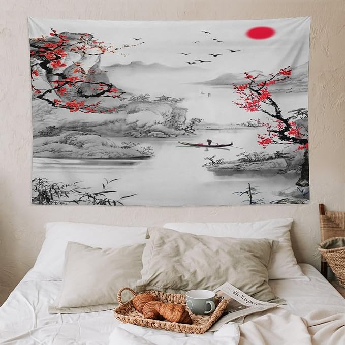 Cherry Blossoms Tapestry, Japanese Red Landscape Watercolor Abstract Art, Asian Japanese Wall Tapestry, Nature Landscape Tapestries for Bedroom Living Room Decor 90"x60"