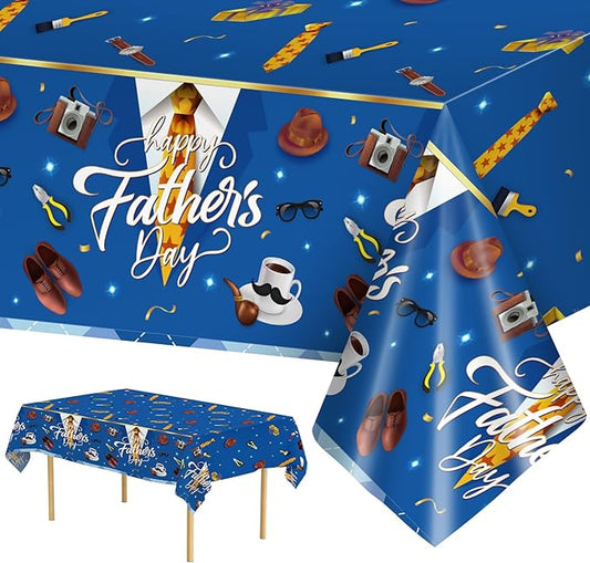 2 Pack Fathers Day Tablecloth - Happy Father's Day Table Cloth, Plastic Disposable Rectangle Blue Father Day Table Cover for Fathers Day Decorations Party Decor Supplies Favors,108 x 54 Inch