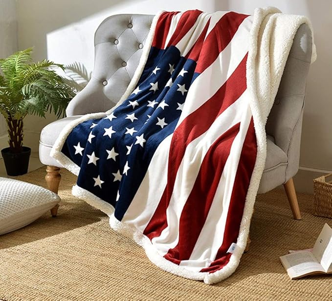 UKELER US Flag Patriotic Sherpa Throw Blanket 50''×60'', American National Flag Fleece Blanket for Bed/Couch/Sofa/Office/Camping, USA Military Veteran July 4th Gift