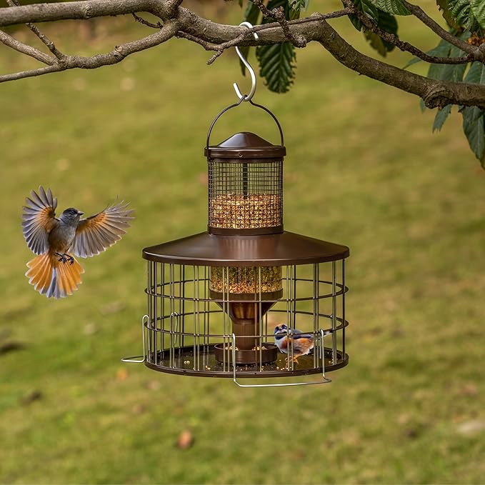 Upgraded Squirrel Proof Bird Feeders, 3Lbs Capacity Caged Bird Feeder, Innovative DIY Starling-Proof, Flexible Adjustment of Grille Size, Caged Seed Tube Feeders Outside Hanging(Copper)