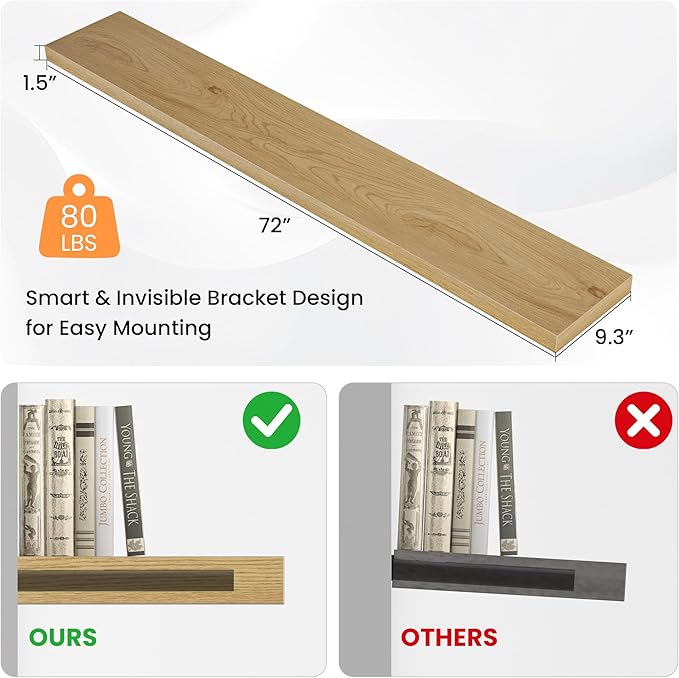 Floating Shelves for Wall, 72"W x 9.3"D x 1.5"H, Long Wooden Wall Mounted Display Shelves with Invisible Brackets for Living Room, Bedroom, Bathroom, Kitchen Decor and Storage, Set of 1, Oak