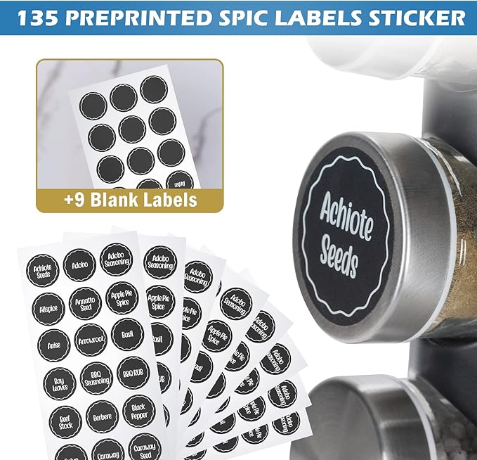 Black Countertop Revolving Spice Rack, Empty 20-Jars Rotating Spice Rack Organizer, Round Carousel Tower, 135 Spice Labels with Funnel Complete Set, for Kitchen Countertop, Cabinet