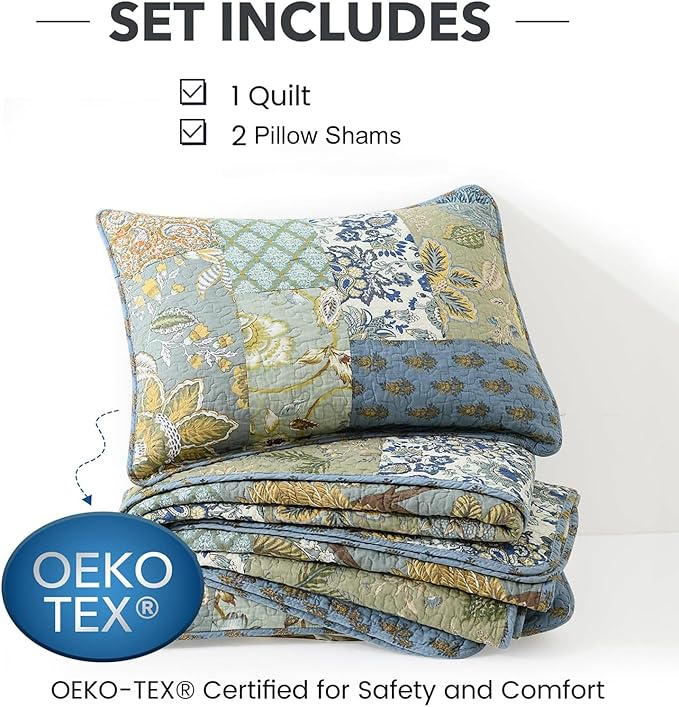 NEWLAKE Quilt Set Queen Size, 100% Cotton Patchwork Green Bohemian Quilt Sets, Reversible Bedspread Lightweight and Breathable for All Seasons, Soft Quilted Bedspread with 2 Pillow Shams