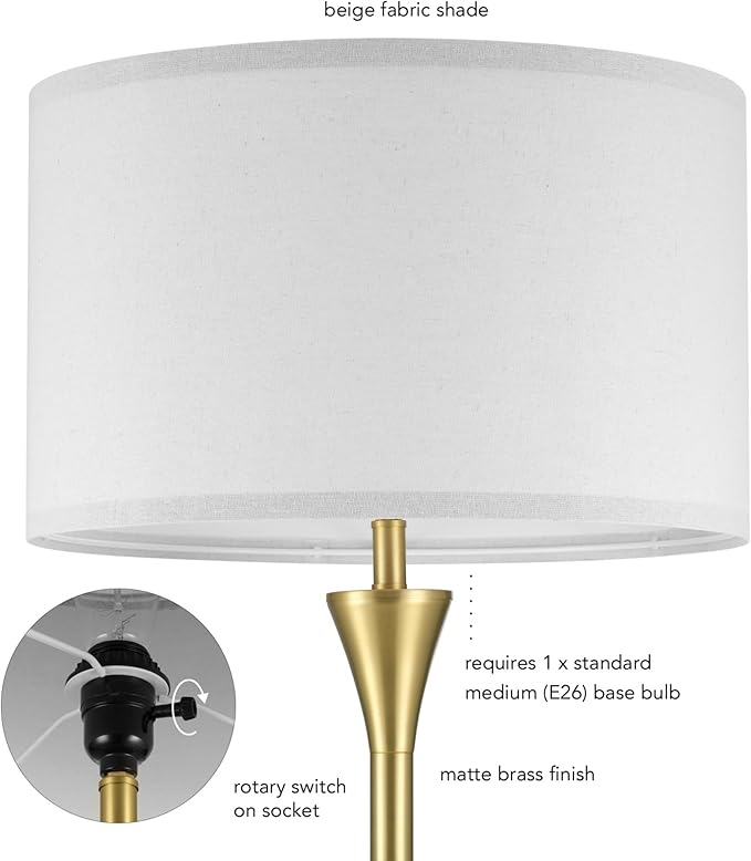 GLOBE Electric 61000150 60" Floor Lamp, Antique Brass Finish, Beige Fabric Shade, Mid-Century Modern Standing Lamp, E26 Base, Sustainable Design for Living Rooms and Bedrooms
