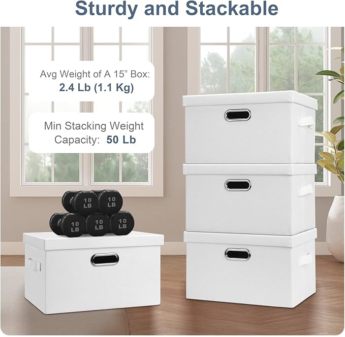 Medium 15" 21 Quart Collapsible Stackable Storage Bins with Lids, 1 Pack White Foldable Fabric Closet Storage Boxes with Lids, 4 Handles Heavy-duty Linen Cube Baskets for Bedroom