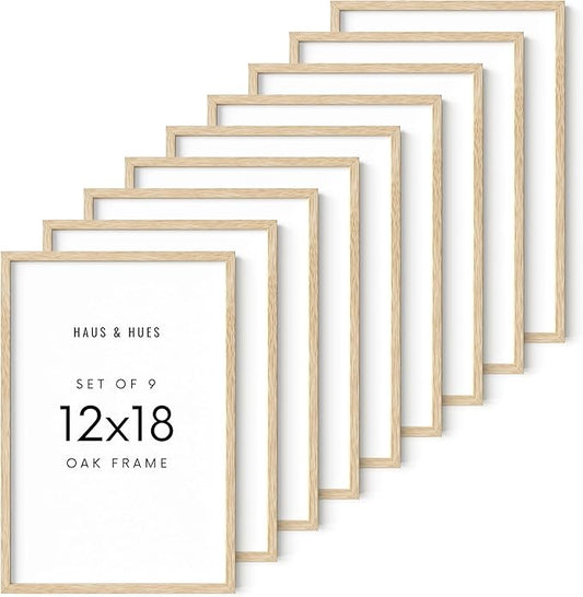 HAUS AND HUES 12 by 18 Picture Frame Set of 9-12 x 18 Poster Frame, 18x12 Light Wood Frame, 12x18 Frame, 12 x 18 Frame Natural Wood, 12 x 18 Picture Frame Wooden (Beige Frame)