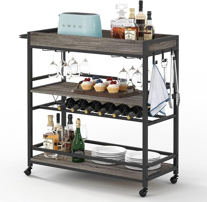 BON AUGURE Bar Cart, Home Bar Serving Cart on Wheels, Mobile 3 Tier Liquor Beverage Carts with Wine Rack and Glass Holder (Grey Oak)