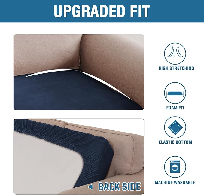 H.VERSAILTEX Velvet Stretch Individual Couch Cushion Cover Plush Slipcover for Loveseat Sofa Furniture Protector Seat Cover (1 Piece Loveseat Cushion Cover, Navy)