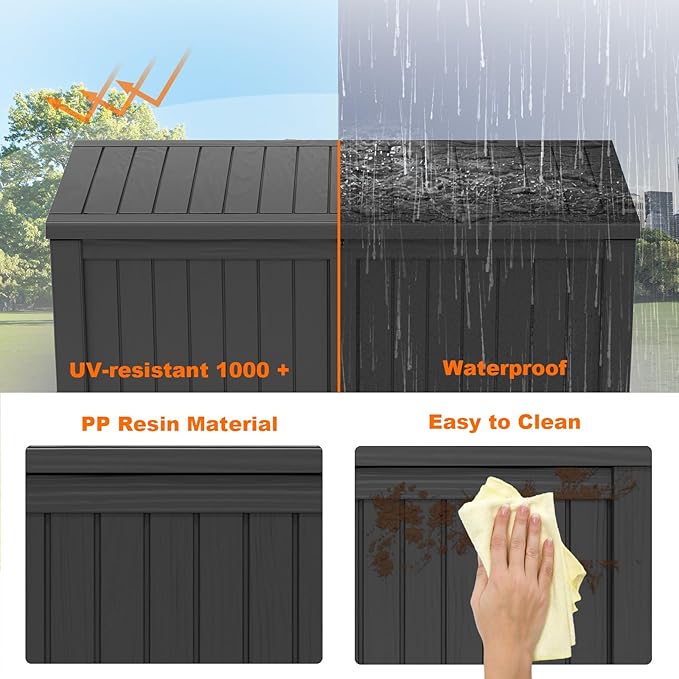 120 Gallon Resin Deck Box, Lockable Patio Outdoor Storage Box for Furniture, Garden Tools and Tools Storage, Waterproof Outside Storage Boxes - Black