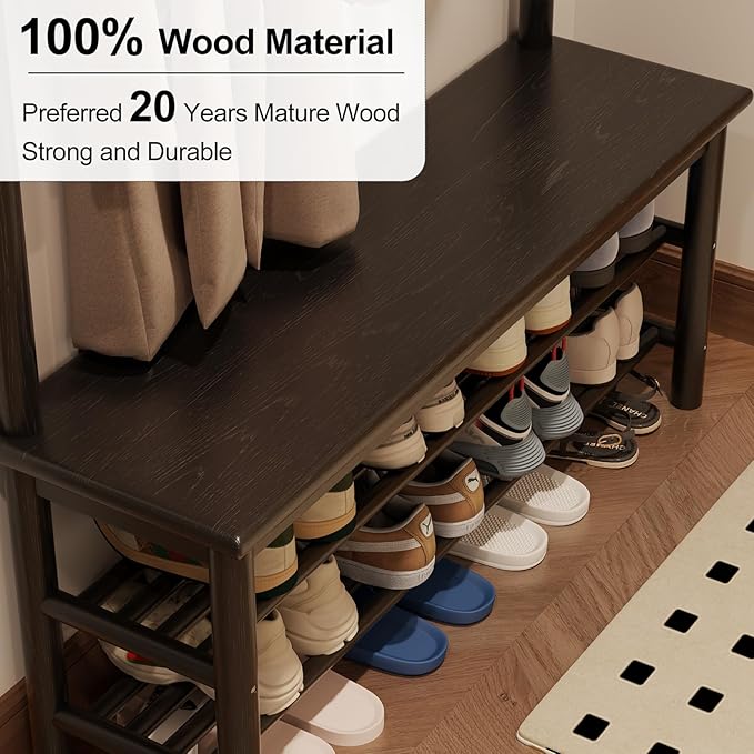 Coat Rack with Shoe Storage, Wooden Hall Tree with Bench, 11 Hooks and 2-Tier Storage Shelves, 3-in-1, Entryway Bench with Coat Rack (39.3"-Black)