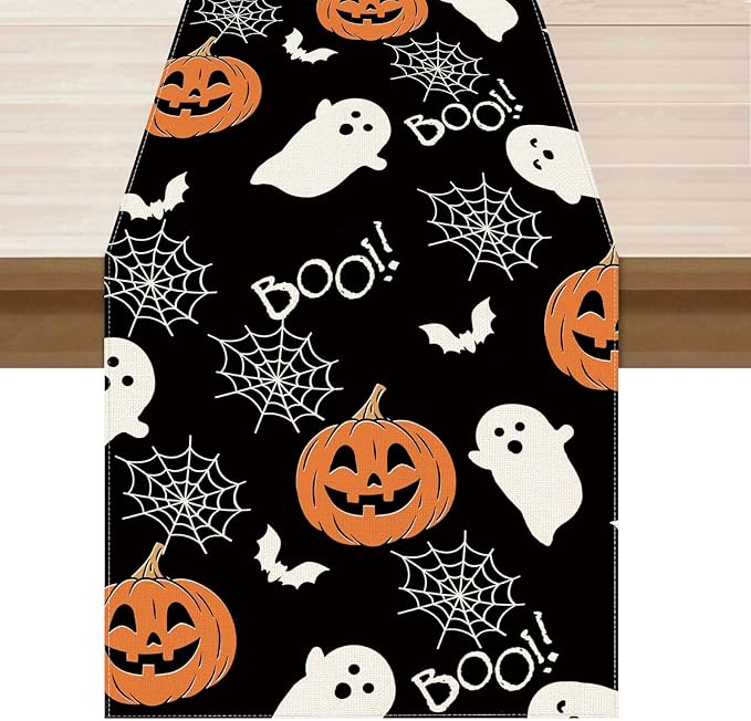 XCHI Boo Spooky Ghost Pumpkin Halloween Table Runner Burlap Table Decoration for Home Kitchen Dining Dinner Indoor Holiday Farmhouse Decor 13x72 Inch