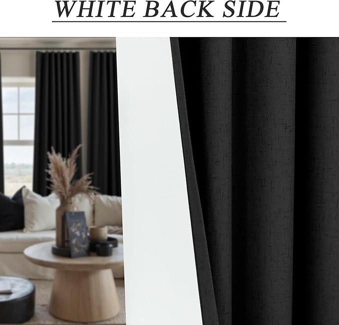 Black Linen Blackout Curtains 120 Inches Long 2 Panels Burg for Living Room Back Tab Pleated Thermal Cold Heat Sun Blocking Extra Long Drapes Black Out Blinds Shades for Bedroom Windows 52x120 Length