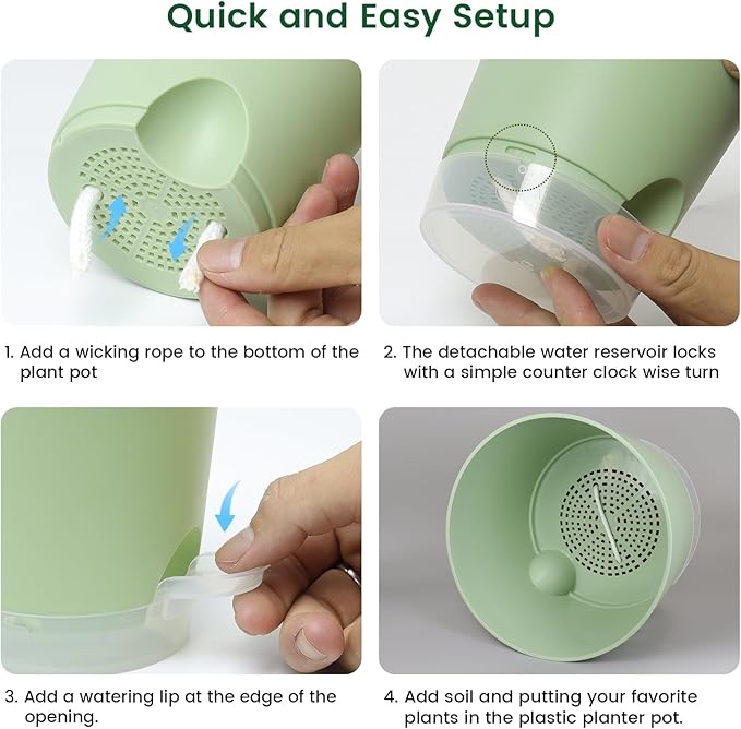 4 inch Self Watering Pots for Indoor Plants, 5 Pack Small Flower Plant Pots with Drainage Holes and Clear Reservoirs, Visible Water Level, Plastic Planters with Wicking Rope, Green