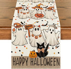 Artoid Mode Beige Ghost Jack-O'-Lantern Black Cat Halloween Table Runner,Holiday Kitchen Dining Table Decoration for Home Party Decor 13 x 120 Inch