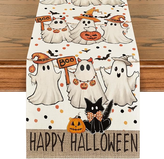 Artoid Mode Beige Ghost Jack-O'-Lantern Black Cat Halloween Table Runner,Holiday Kitchen Dining Table Decoration for Home Party Decor 13 x 120 Inch