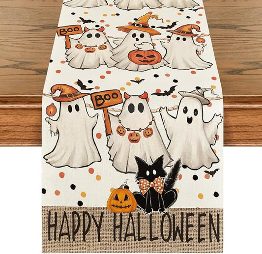 Artoid Mode Beige Ghost Jack-O'-Lantern Black Cat Halloween Table Runner,Holiday Kitchen Dining Table Decoration for Home Party Decor 13 x 120 Inch