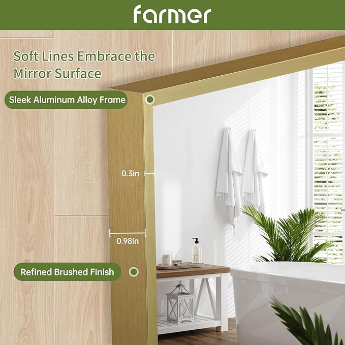 FARMER 16x20 Inch Gold Bathroom Mirror, Rectangle Wall Mounted Mirror, Vanity Mirror, Brushed Square Mirror, Framed Bathroom Mirror for Bedrooms, Entryways, Living Rooms, Horizontal/Vertical