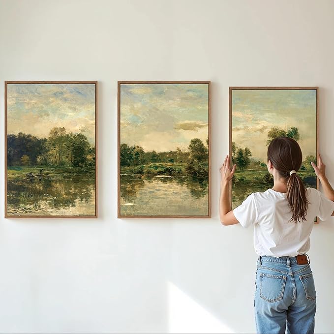 Tinonedraw Vintage Landscape Framed Canvas Wall Art Set of 3, French Country Art Prints, Nature Green Trees and Lake Art Paintings, Rustic Aesthetic Wall Decor for Living Room Bedroom Office 16"x24"x3