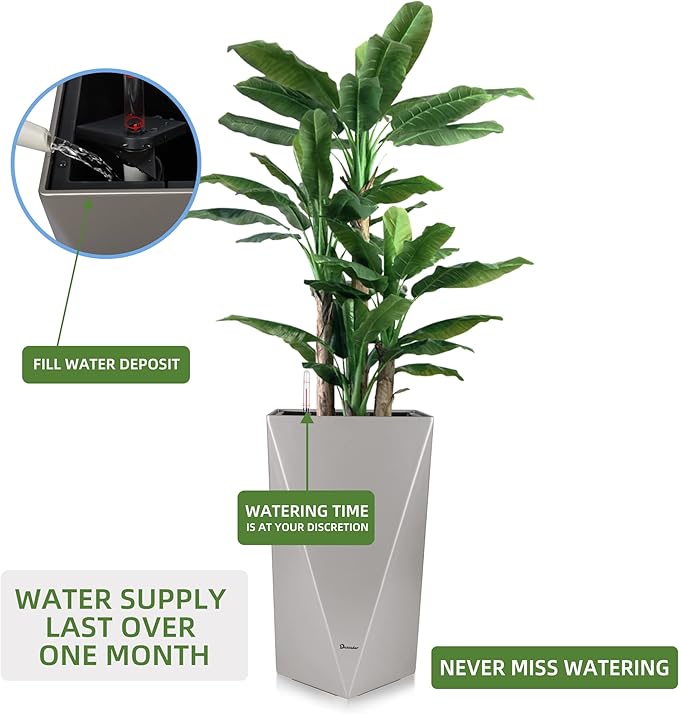 Dexceder 24 Inches Tall Self Watering Planter Diamond Metallic Matte Indoor Outdoor, Thickened Rhombus Large Floor Standing Flower Plant Pot with Water Level Indicator (Gray)