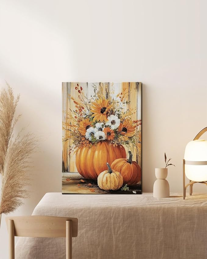 Rustic Autumn Fall Floral Pumpkin Wall Art Decor, Fall Floral Botanical Print for Thanksgiving Decorations, Autumn Wall Art Print for Farmhouse Living Room Bedroom Fall Decor, Ready to Hang