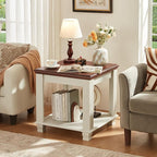 Farmhouse End Table Set of 2,Large Side Table with 2-Tier Storage Shelf,Rustic Wood End Tables for Living Room,Square Tea Table,White