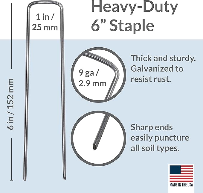 Pinnacle Mercantile 200 Pack Galvanized Garden Stakes Landscape Staples Extra Heavy Duty Sod Ground Anchors Anti Rust 6 inch Metal Pins 9 Gauge USA Made