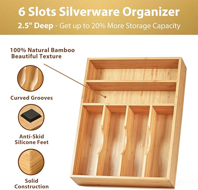 Umilife Kitchen Drawer Organizer, 12 Inch Silverware Utensil Tray Holder, Extra Deep, with Non-Slip Feet & Grooved Drawer Divider, 6 Slots Total Bamboo Wood Caddy for Flatware Cutlery Knives