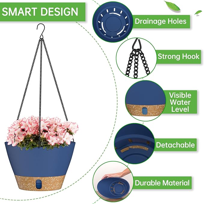 ZMTECH 2 Pack 10 Inch Hanging Planters for Outdoor Plants, Hanging Pots for Plants Indoor with Visible Water Level, Hanging Flower Basket with Drainage Holes & Removable Tray(Blue)