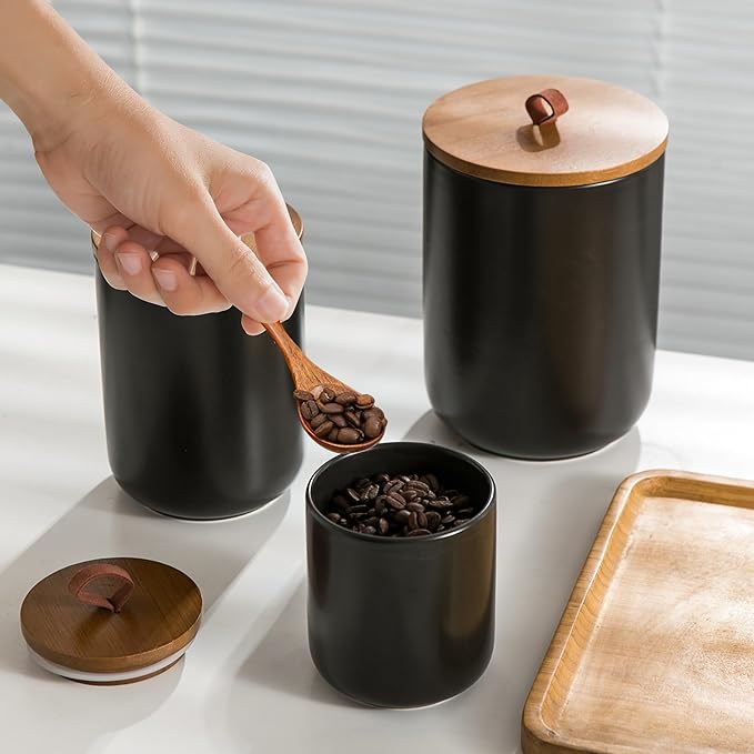 Black Ceramic Canister Set with Wooden Lid, 3-Piece Food Storage Jars for Kitchen Counter, Storage Container for Coffee, Tea, Spice, Sugar, Grains, Salt