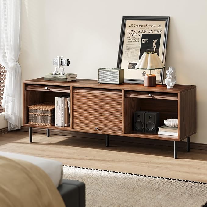 59 Inch TV Stand with Power Outlet for TVs up to 65 Inch, Entertainment Center with Storage, Mid-Century Modern TV Console, Adjustable Shelf & Sliding Doors, TV Stand for Living Room, Bedroom, Walnut