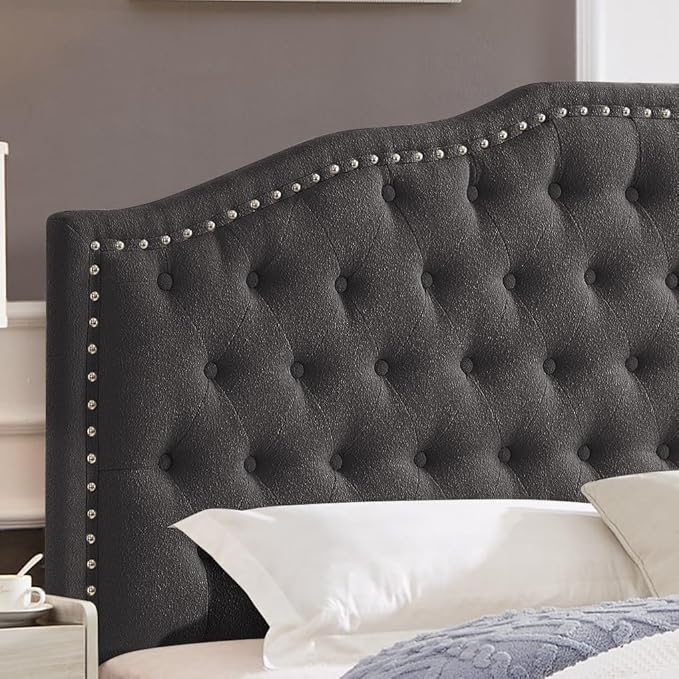 24KF Upholstered Button Tufted Queen Headboard with Nailhead Trim, Elegant Boucle Fabric Full headboard, 6031-Q-Boucle-Dark Green