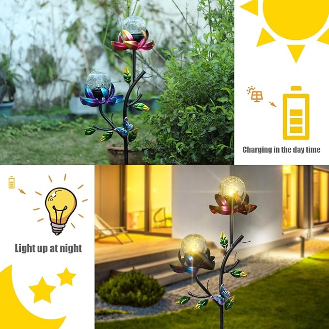 VCUTEKA Solar Garden Light Solar Flowers Light with LED Crackle Glass Globe Solar Lights Outdoor Metal Garden Stake Wind Spinner for Garden Decoration, Patio Decor, Yard Decor and Gift for Mother