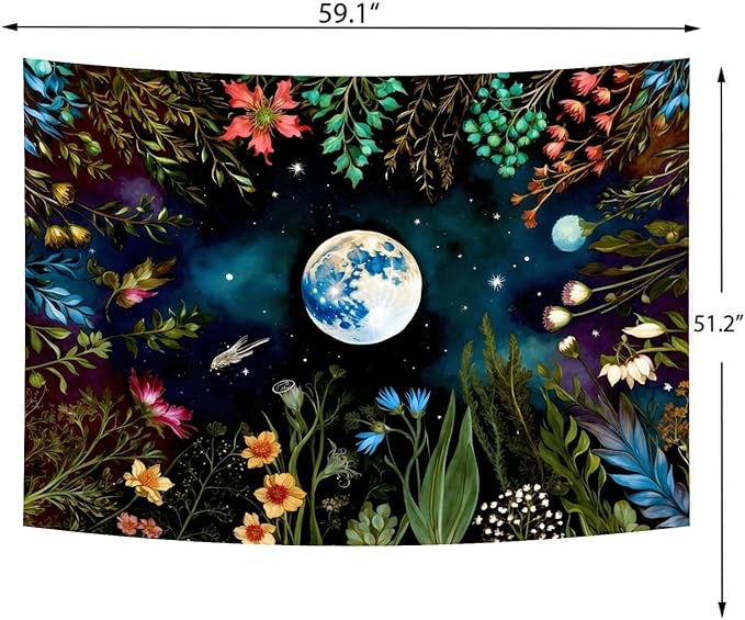 Delur Moonlit Garden Tapestry Boho Moon Floral Plant Tapestry Wall Hanging Colorful Flower Botanical Nature Night Landscape Headboard for Bedroom Living Room Home Decor (51.2" x 59.1")