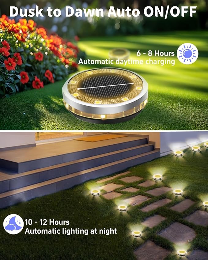 Solar Ground Lights Outdoor 12 Pack Waterproof, Upgraded Solar Garden Lights with 4 Side Light, Stainless Steel Solar Powered Disc Landscape Light for Walkway Pathway Lawn Yard Patio Deck-Warm White