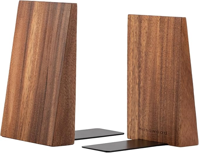 Muso Wood Book Ends, Thickened Wooden Bookends for Heavy Books, Creative Decorative Bookends for Shelves, Non-Skid Book Ends, Handmade Acacia Wood Bookends