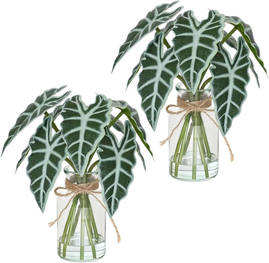 Artificial Flowers Turtle-Back, Alocasia Leaf, in Glass Vase with Faux Water,7Pcs Artificial Leaves Real Touch Latex Leaves for Centerpiece (2, Alocasia Leaf)