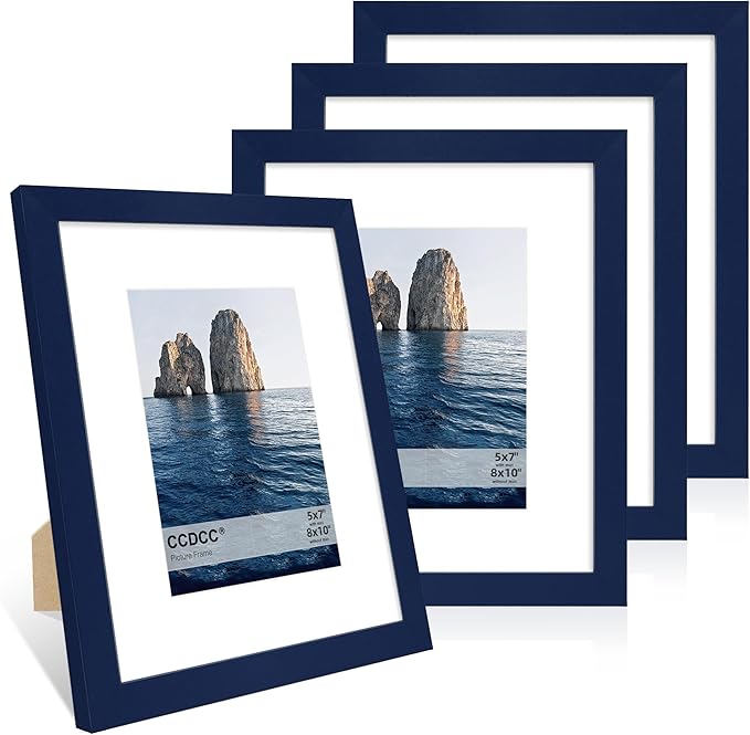 8x10 Picture Frame Set of 4, 8 x 10 Wood Photo Frames with Mat for 5x7, Natural Wooden Frame with Real Glass Cover for Wall and Tabletop Display,Blue