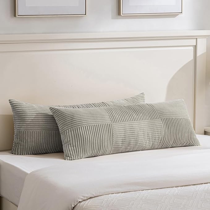 Fancy Homi Set of 2 Neutral Grey Boho Long Lumbar Body Decorative Throw Pillow Cover 14x36 Inch for Bed Couch Bedroom Bench, Soft Patchwork Corduroy Textured Pillow Case, Rustic Farmhouse Room Décor
