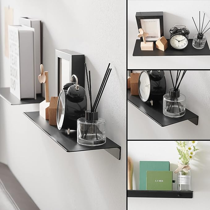 JOOM Black Floating Shelves for Wall Storage, Metal Wall Shelves for Living Room, Bathroom, Kitchen, 16” Display Shelves for Collectibles(2 PCS)