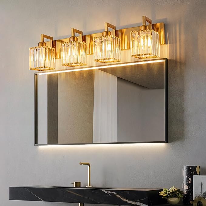 Modern Crystal Bathroom Vanity Light - 4-Lights Gold Brushed Brass Finish Wall Lamp