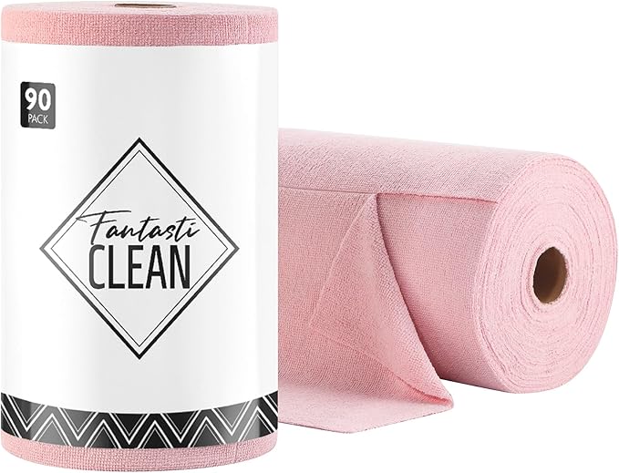 Fantasticlean Microfiber Cleaning Cloth Roll -90 Pack, Tear Away Microfiber Towels, 12" x 12", Reusable, Washable, Scratch Free, Ultra Absorbent Dish Rags for Car, Home, Garage or Shop (Pink)