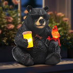 Solar Black Bear Statue for Garden with Beer and Cardinals 6.3" Resin Garden Statues for Outside Yard Paito Porch Decor Birthday Gardening Gifts for Women Mother Sister Grandmother Wife