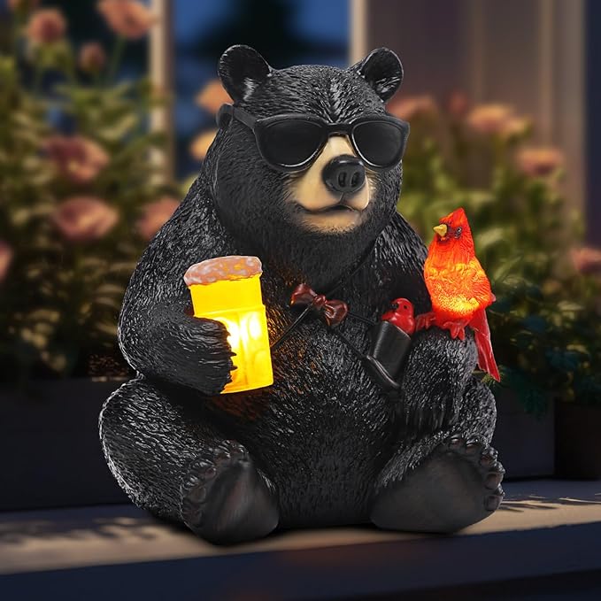 Solar Black Bear Statue for Garden with Beer and Cardinals 6.3" Resin Garden Statues for Outside Yard Paito Porch Decor Birthday Gardening Gifts for Women Mother Sister Grandmother Wife